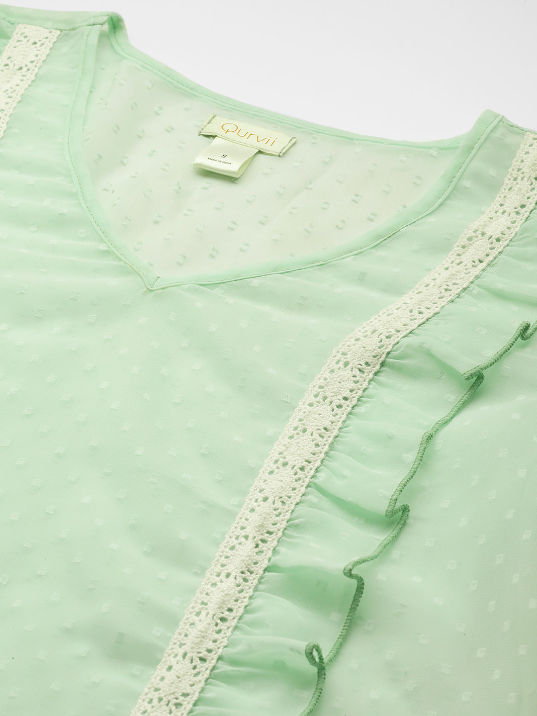 Pastels Light Mint Green Regular Fit V Neck Full Ruffle Sleeve Georgette Top