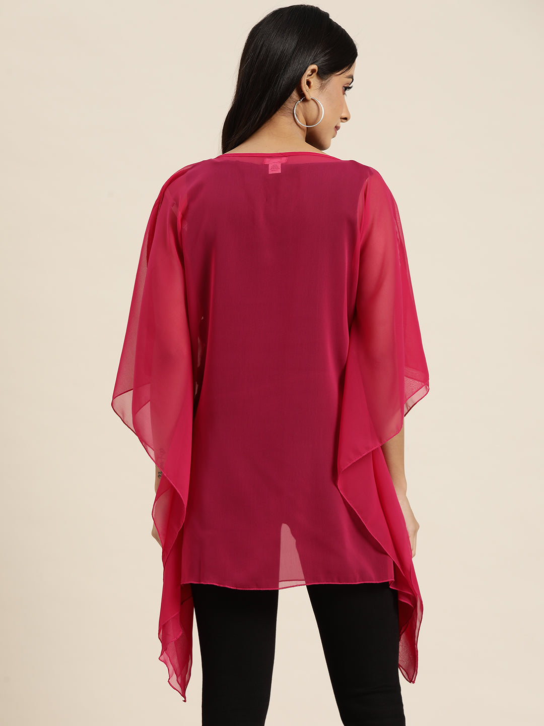 Solid Bright Magenta Loose Fit Boat Neck  Batwing Sleeve Georgette Poncho