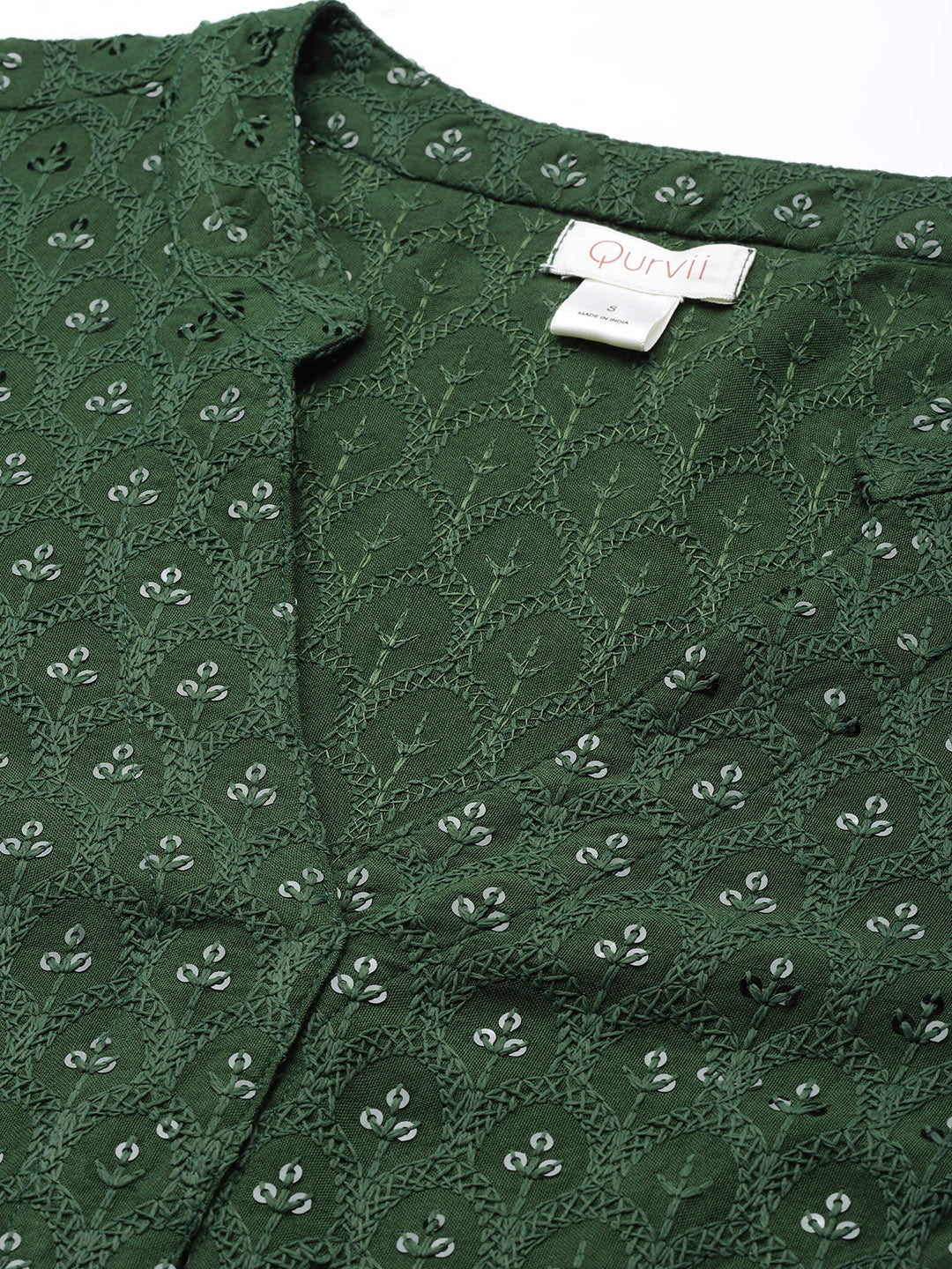 Embroidered Dark Green Regular Fit Mandarin Collar Short Cuff Sleeve Rayon Dress