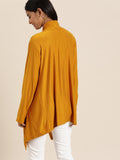 Qurvii Women Mustard Yellow Solid Asymmetric Button Shrug - Qurvii India