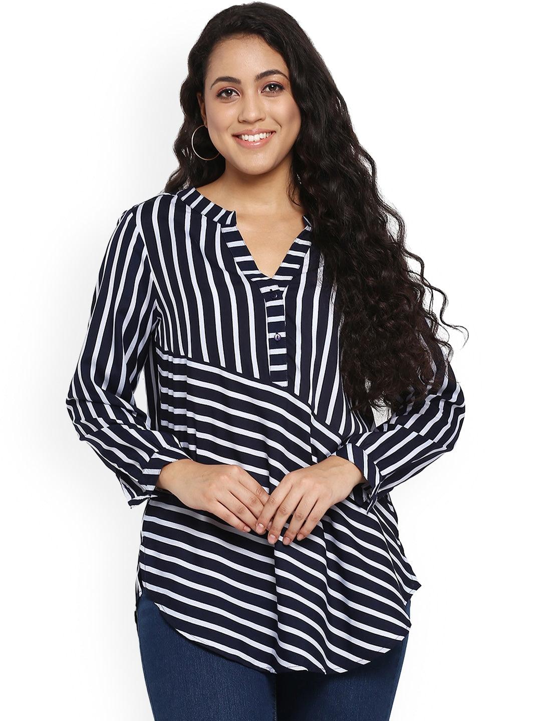 Qurvii Women Navy Blue Striped High-Low Top - Qurvii India