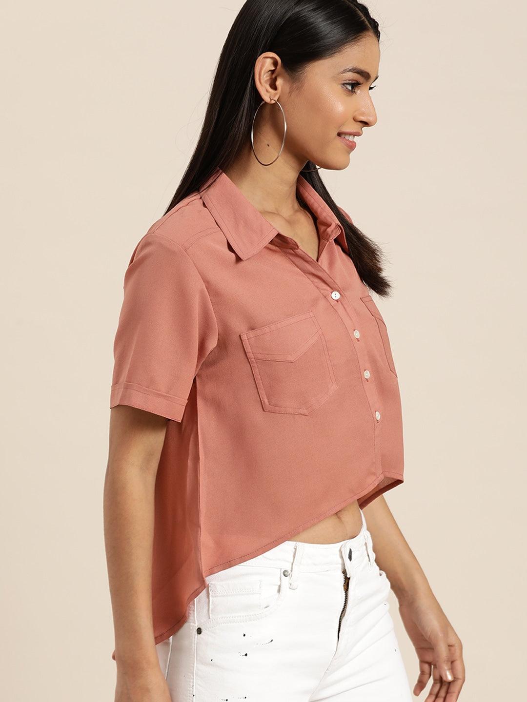 Qurvii Women Dusty Pink Boxy Solid High-Low Crop Casual Shirt - Qurvii India