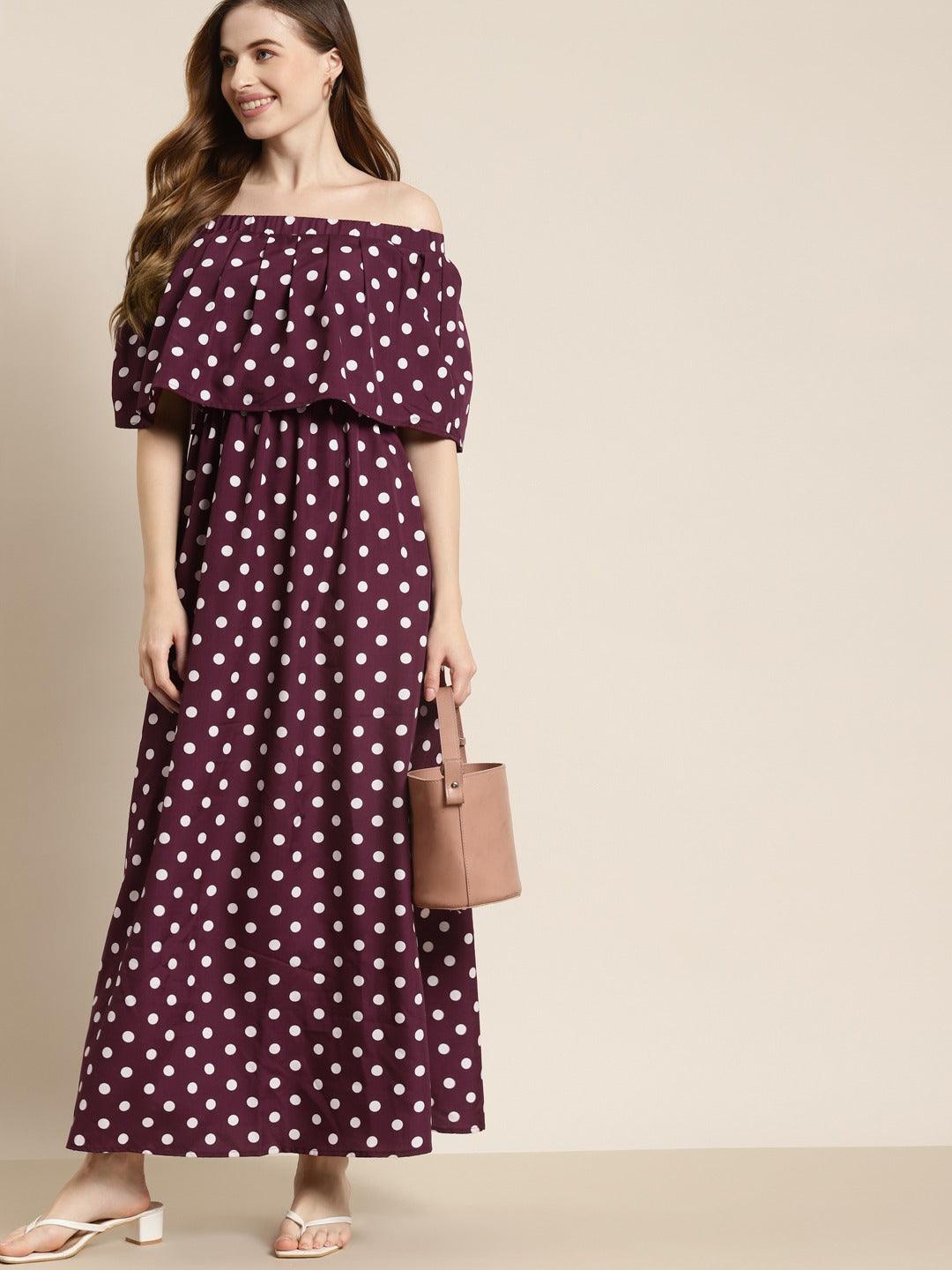 Qurvii Burgundy & White Polka Dot Print Off-Shoulder Maxi Dress - Qurvii India