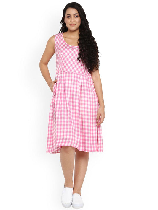 Qurvii Women Pink  White Checked Fit and Flare Dress - Qurvii India