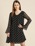 Qurvii Women Black White Polka Dot Print A-Line Dress - Qurvii India