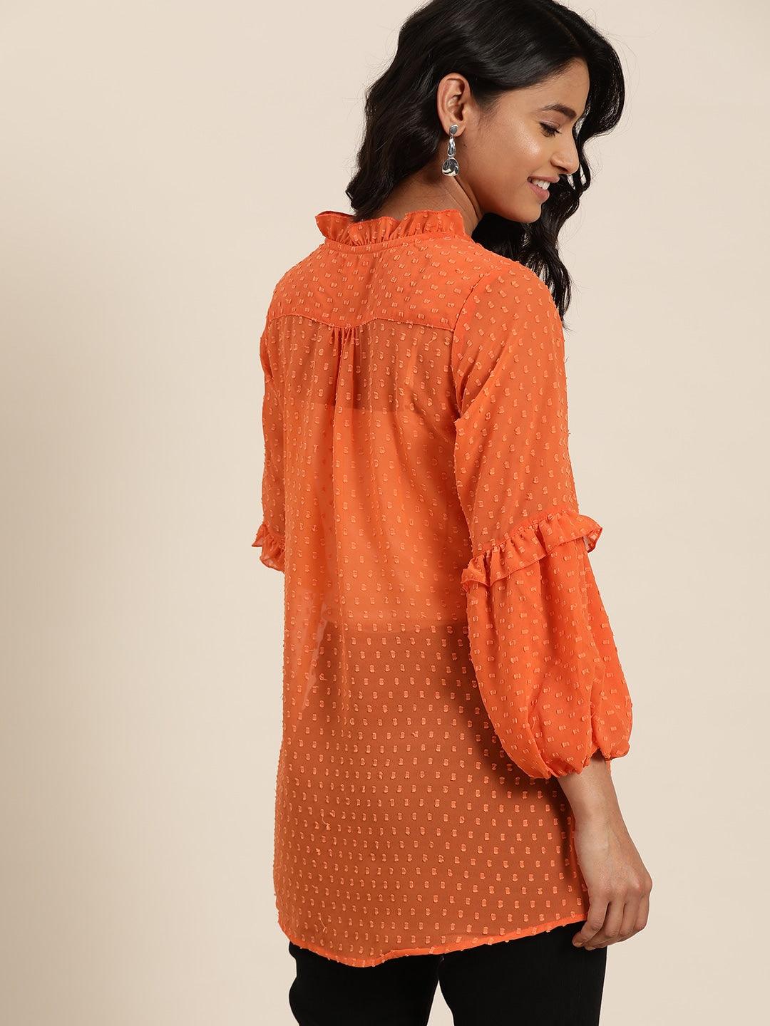 Qurvii Orange Solid Keyhole Neck Puff Sleeves Dobby Weave Top - Qurvii India