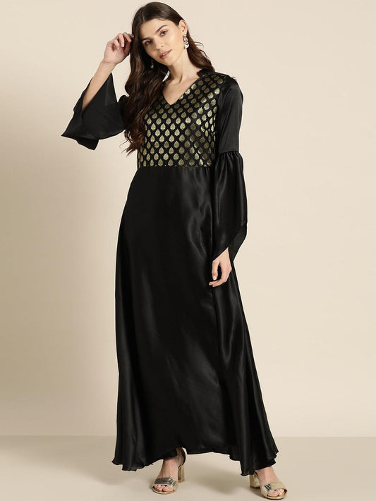 Qurvii Women Black Woven Design Detail Maxi Dress With Satin Finish - Qurvii India
