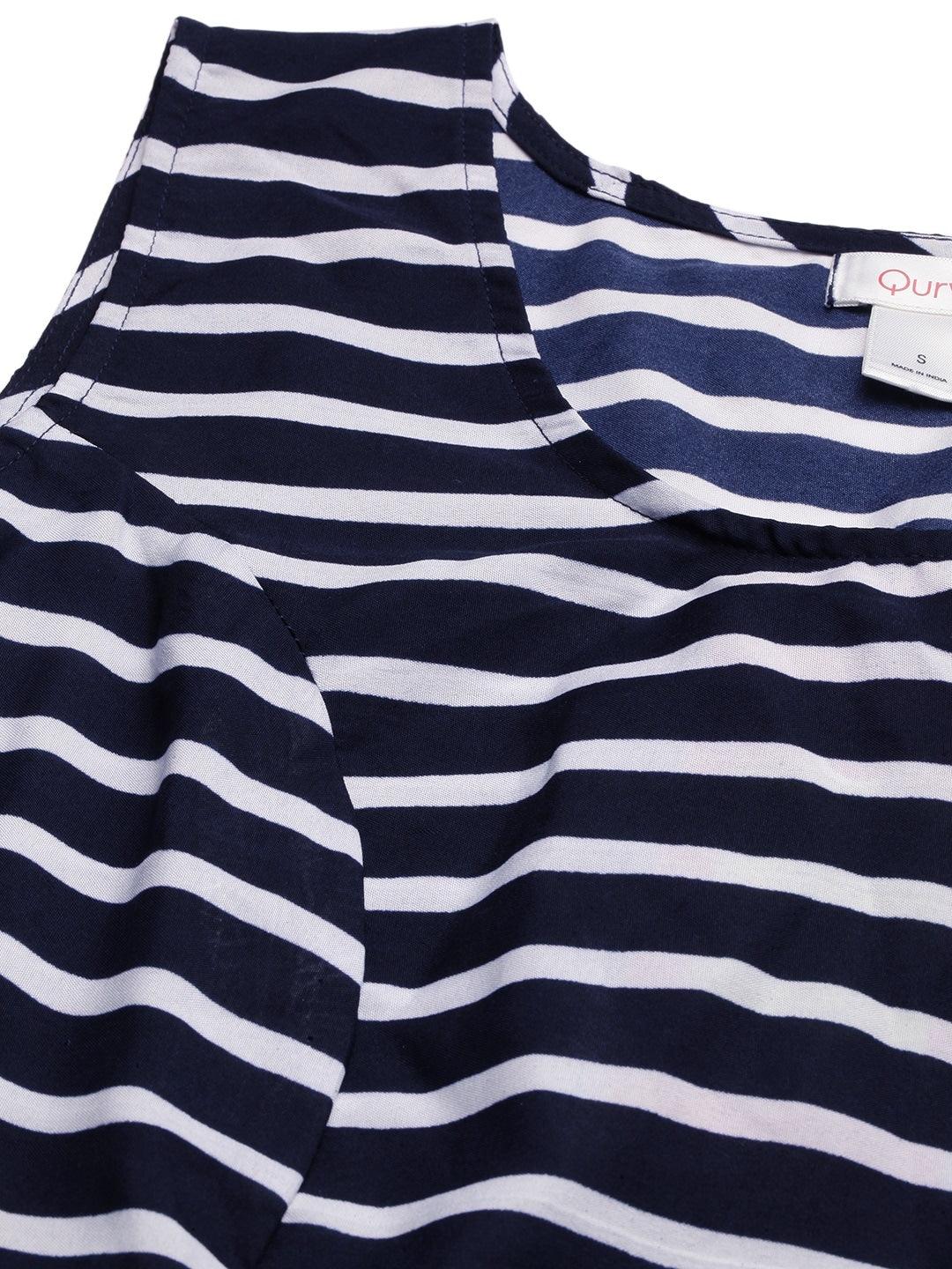 Qurvii Women Navy Blue and White Striped Fit and Flare Dress - Qurvii India