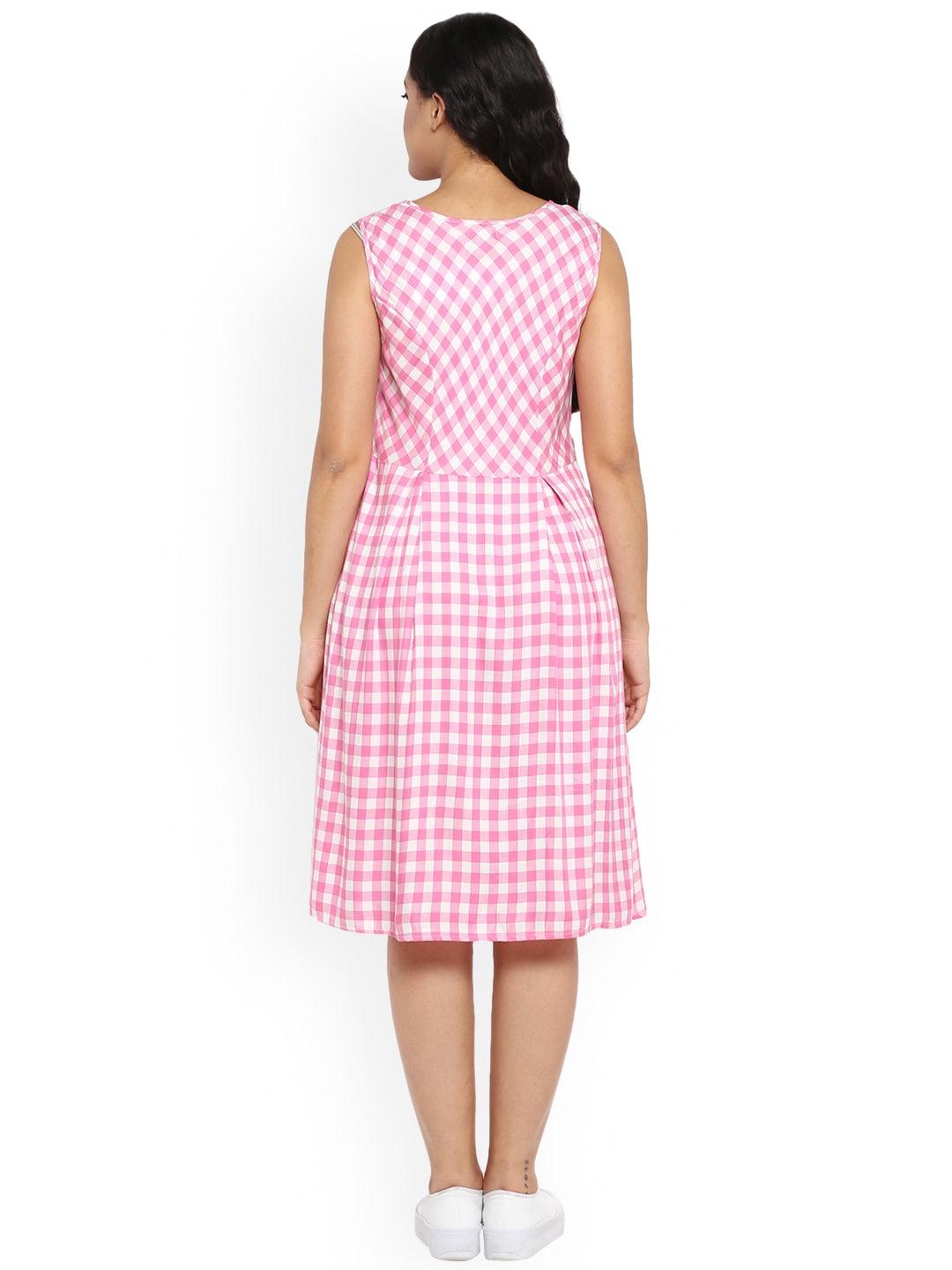 Qurvii Women Pink  White Checked Fit and Flare Dress - Qurvii India