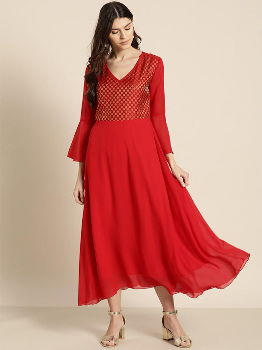 Qurvii Red Brocade Yoke Party Maxi Dress - Qurvii India