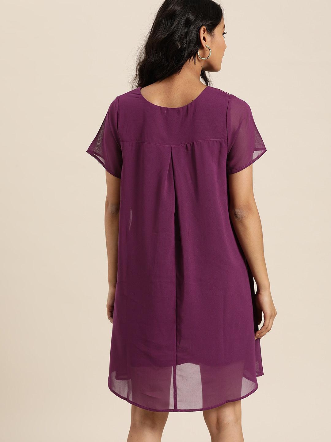Qurvii Women Purple Solid A-Line Dress - Qurvii India