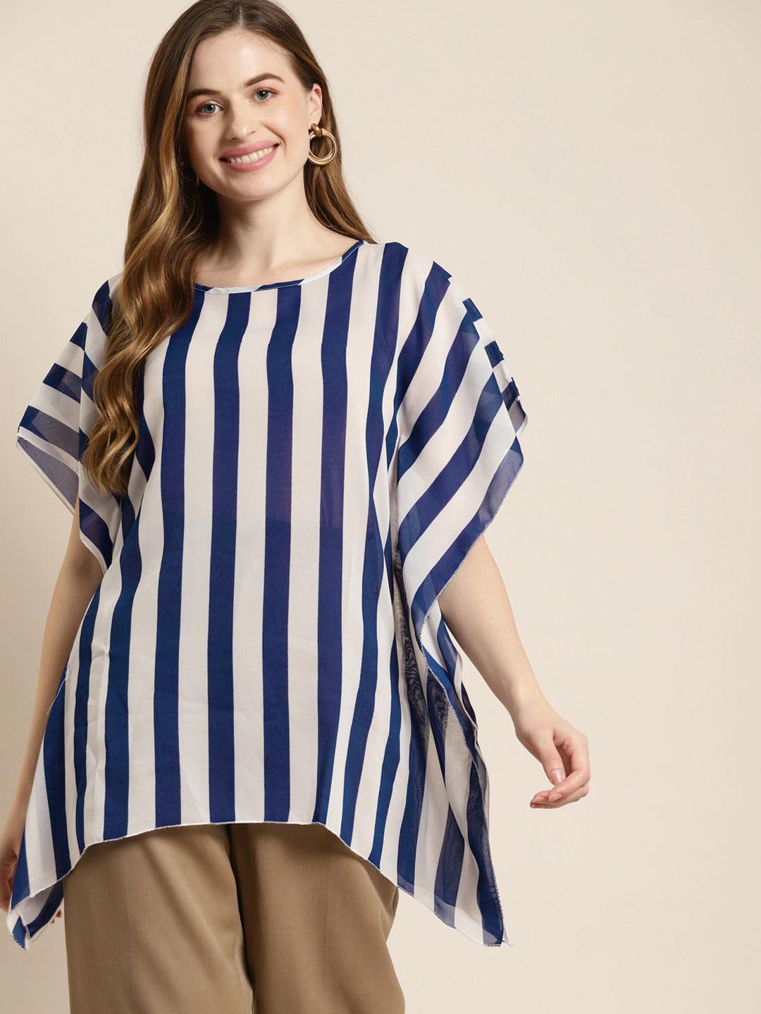 Qurvii Navy Blue & White Striped Extended Sleeves Kaftan To - Qurvii India