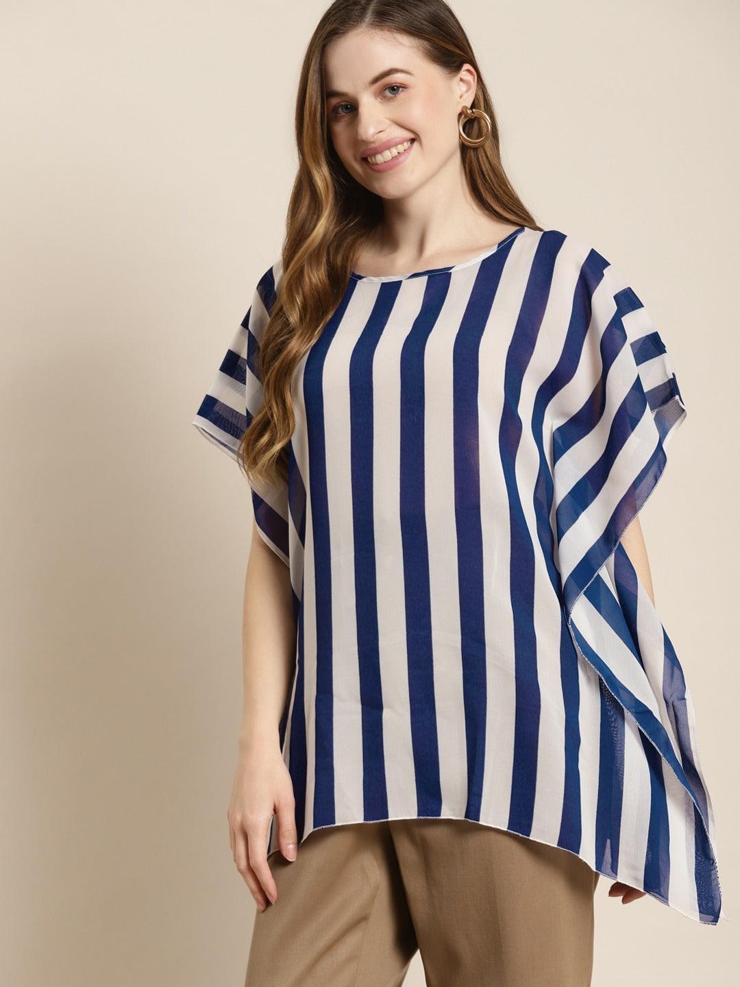 Qurvii Navy Blue & White Striped Extended Sleeves Kaftan To - Qurvii India