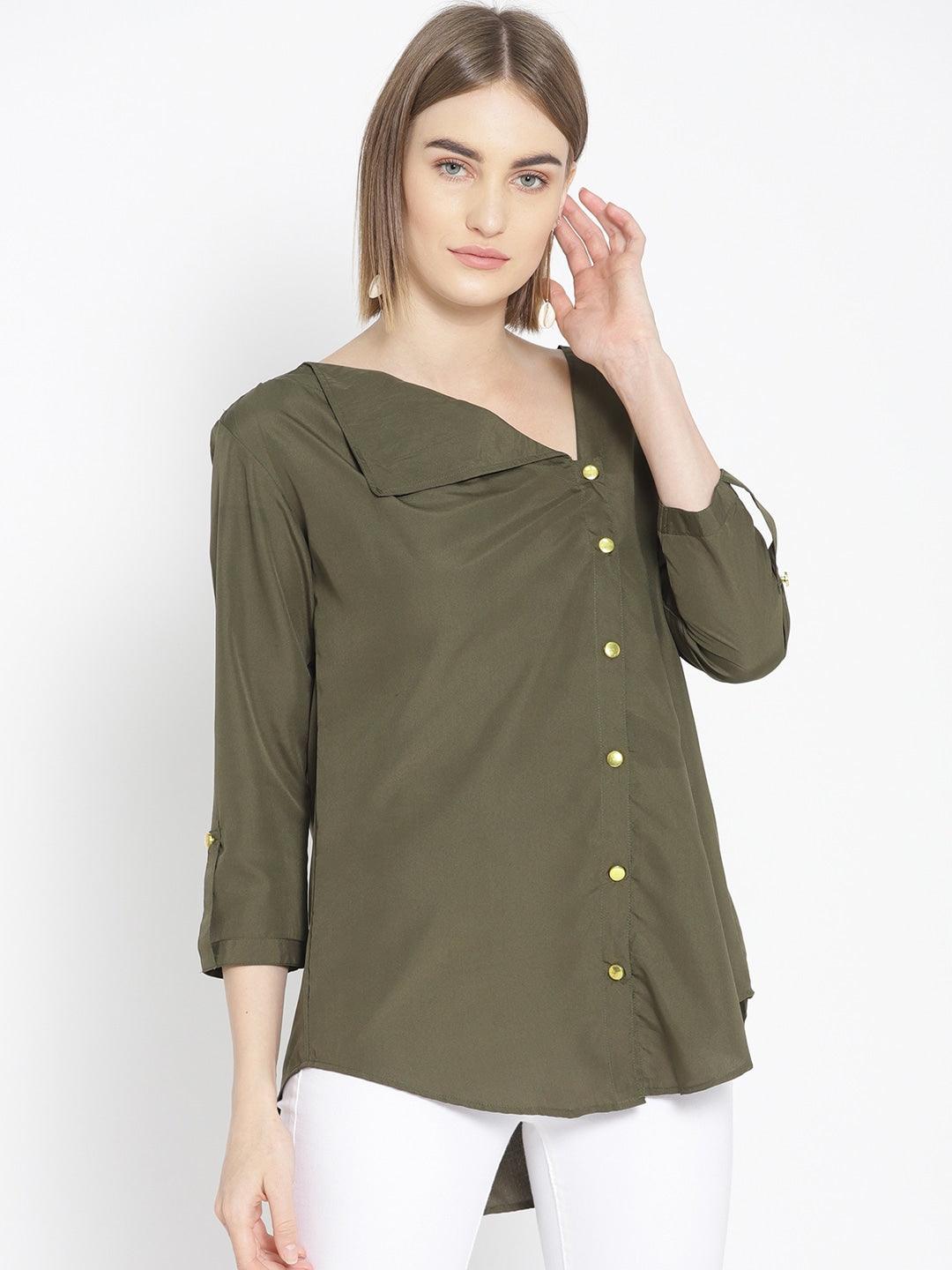 Qurvii Plus Size Women Olive Green Solid High-Low Top - Qurvii India