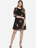 Qurvii Black Floral V Neck Dress - Qurvii India