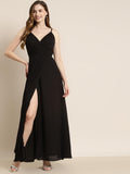 Qurvii Black Solid Crepe Maxi Dress - Qurvii India