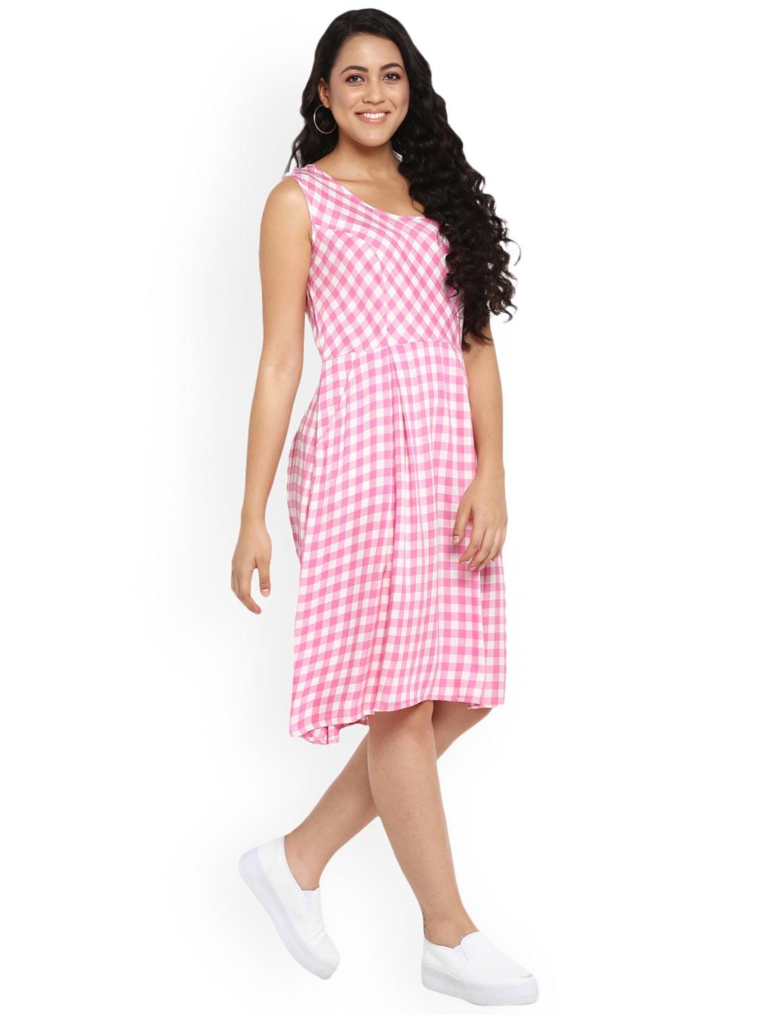Qurvii Women Pink  White Checked Fit and Flare Dress - Qurvii India