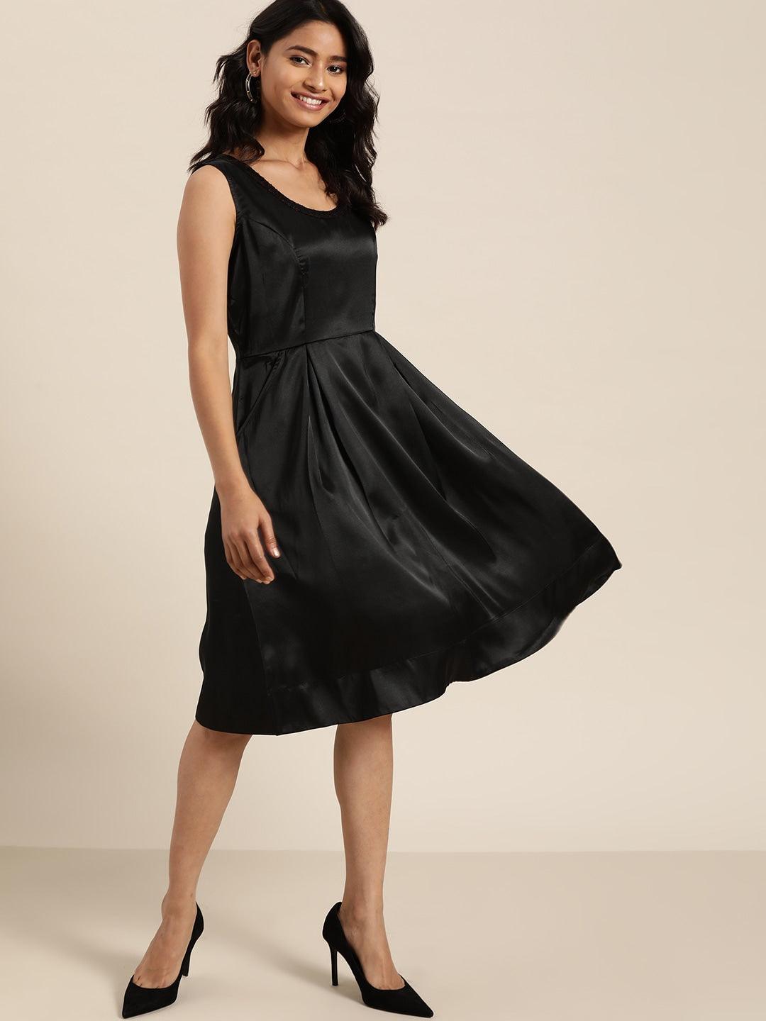 Qurvii Women Black Satin Finish Solid A-Line Dress - Qurvii India