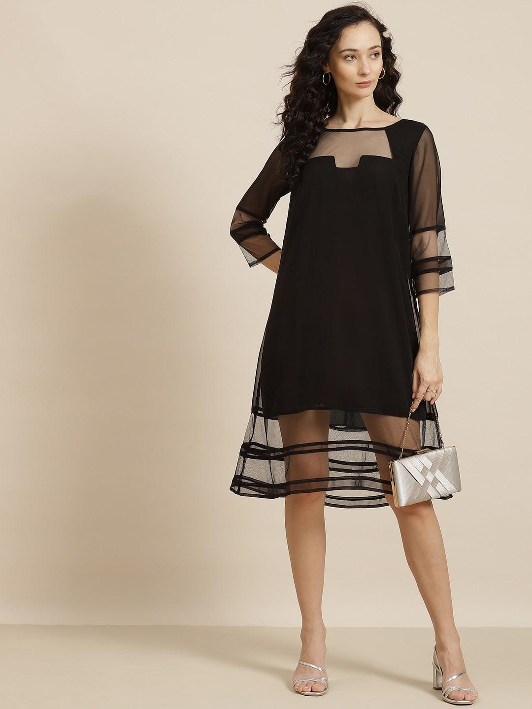 Qurvii Black Georgette A-Line Dress - Qurvii India