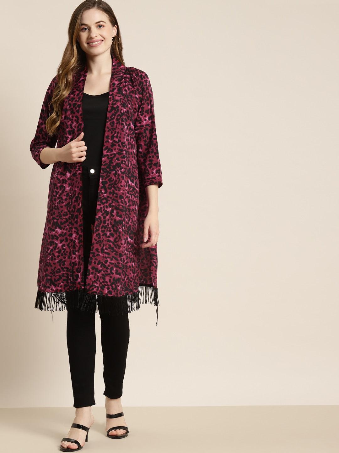 Qurvii Women Burgundy & Black Leopard Print Longline Shrug - Qurvii India