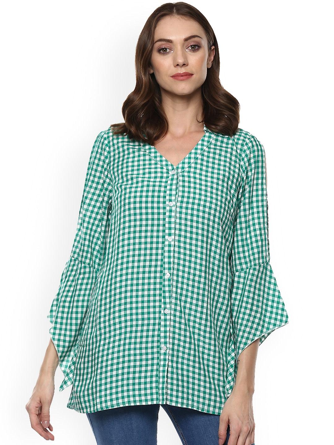 Qurvii Green Gingham Top With Ruffle Sleeves - Qurvii India