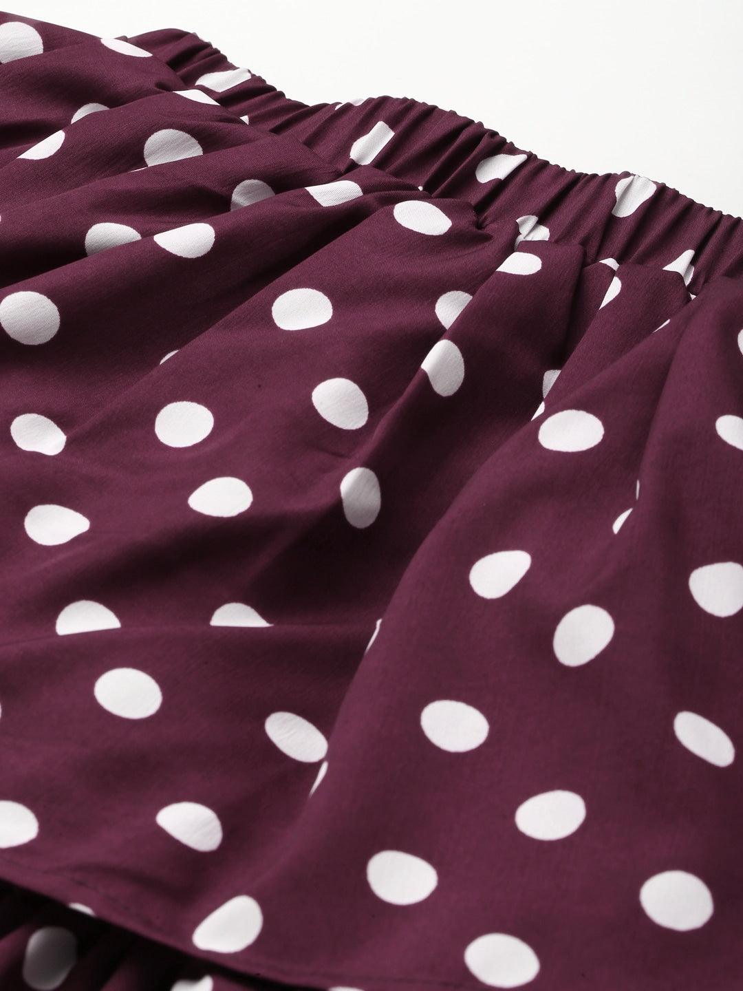 Qurvii Burgundy & White Polka Dot Print Off-Shoulder Maxi Dress - Qurvii India