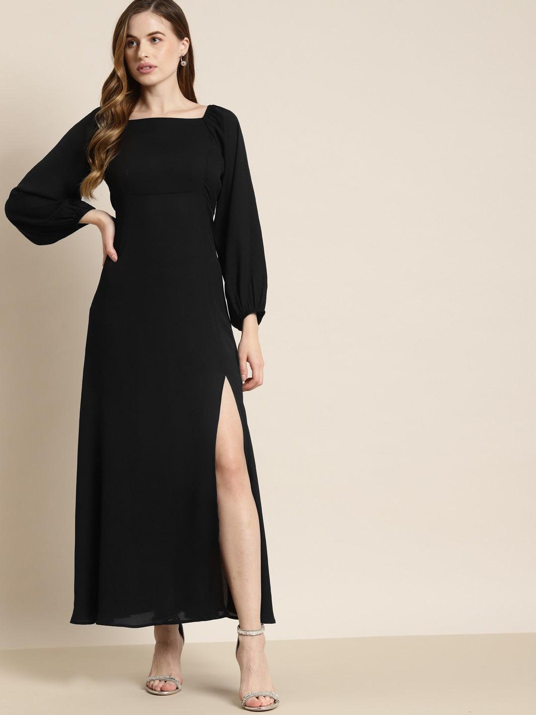 Qurvii Black Solid Maxi Dress with Slit Detail - Qurvii India