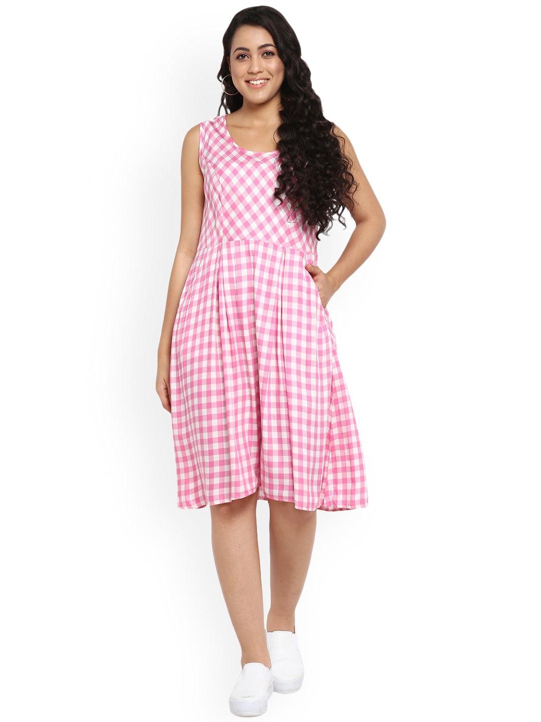 Qurvii Women Pink  White Checked Fit and Flare Dress - Qurvii India