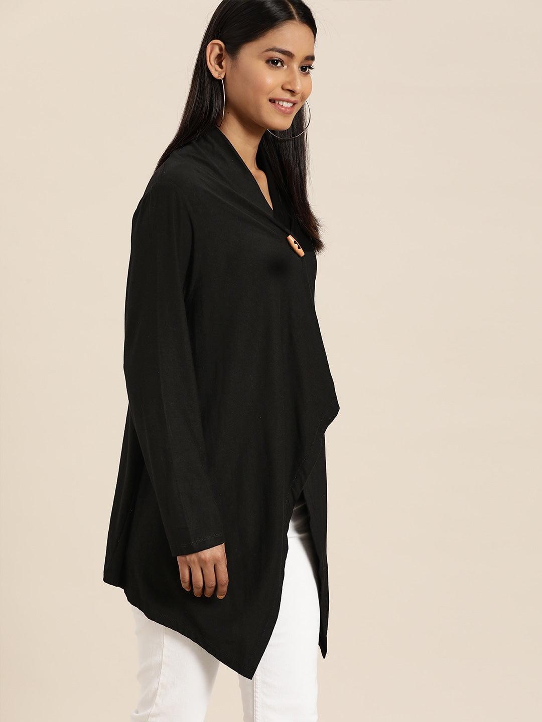 Qurvii Women Black Solid Longline Button Shrug - Qurvii India