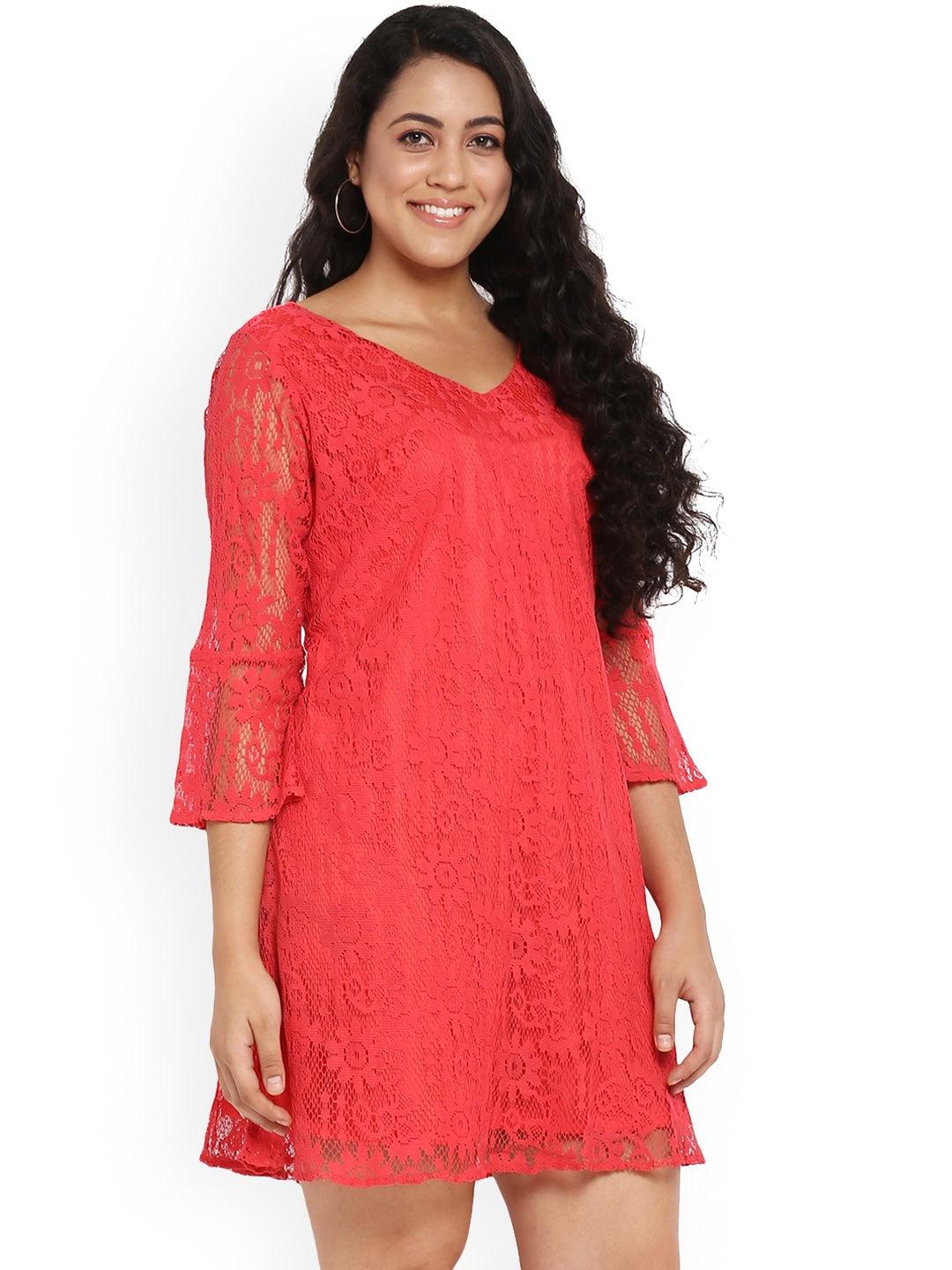 Qurvii Cherry Red Lace A-linee Dress - Qurvii India