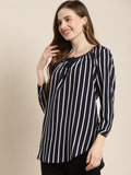 Qurvii Navy Blue & White Striped Tie-Up Neck Top - Qurvii India