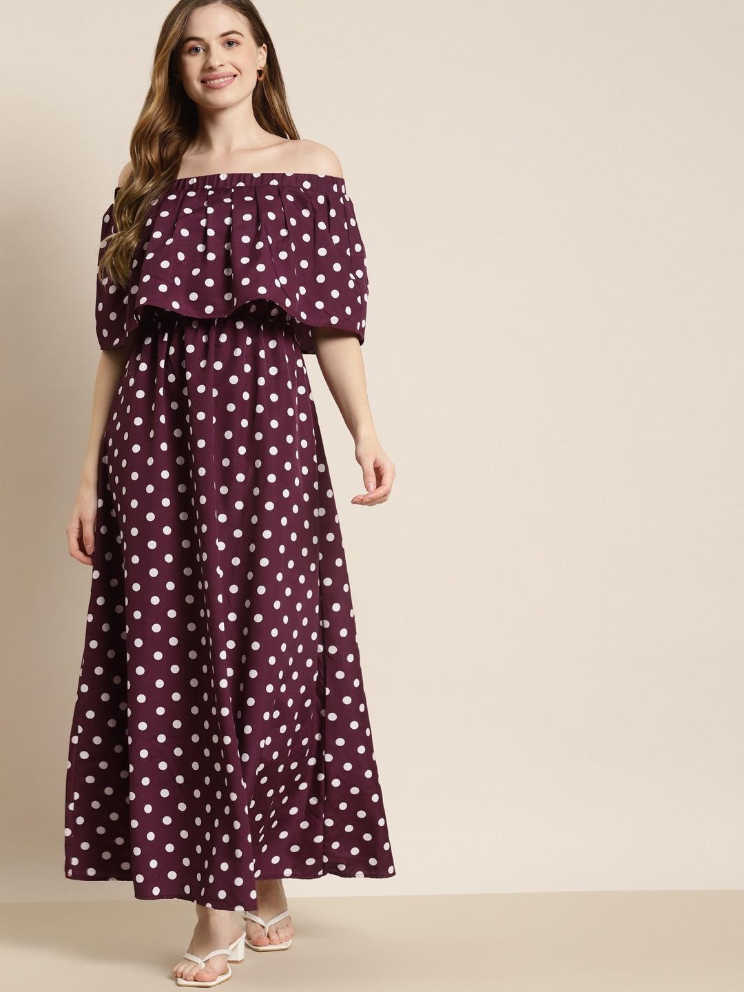 Qurvii Burgundy & White Polka Dot Print Off-Shoulder Maxi Dress - Qurvii India