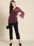 Qurvii Women Burgundy Semi-Sheer Self Design Top - Qurvii India