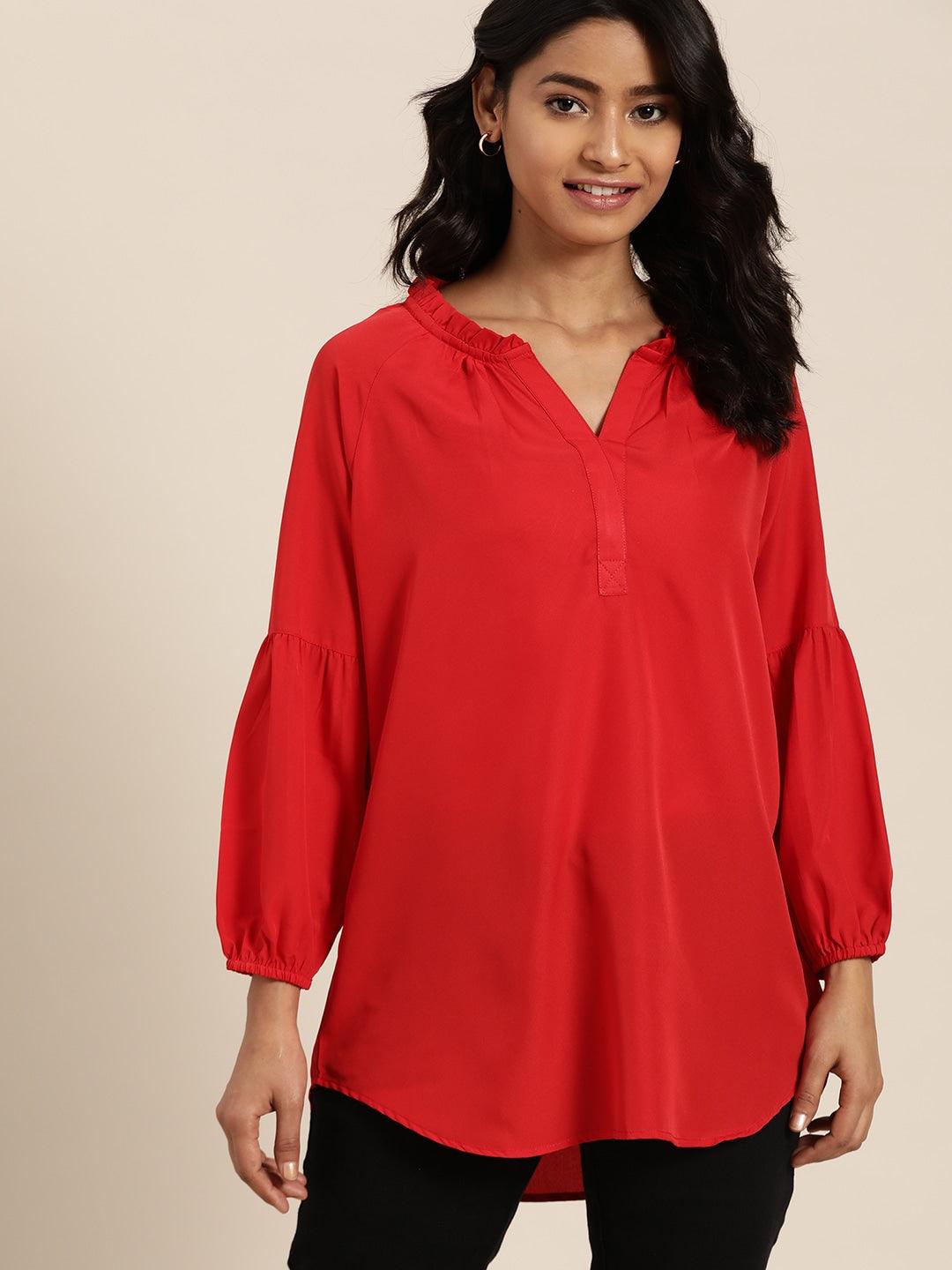 Qurvii Red Solid Puff Sleeves Crepe Top - Qurvii India