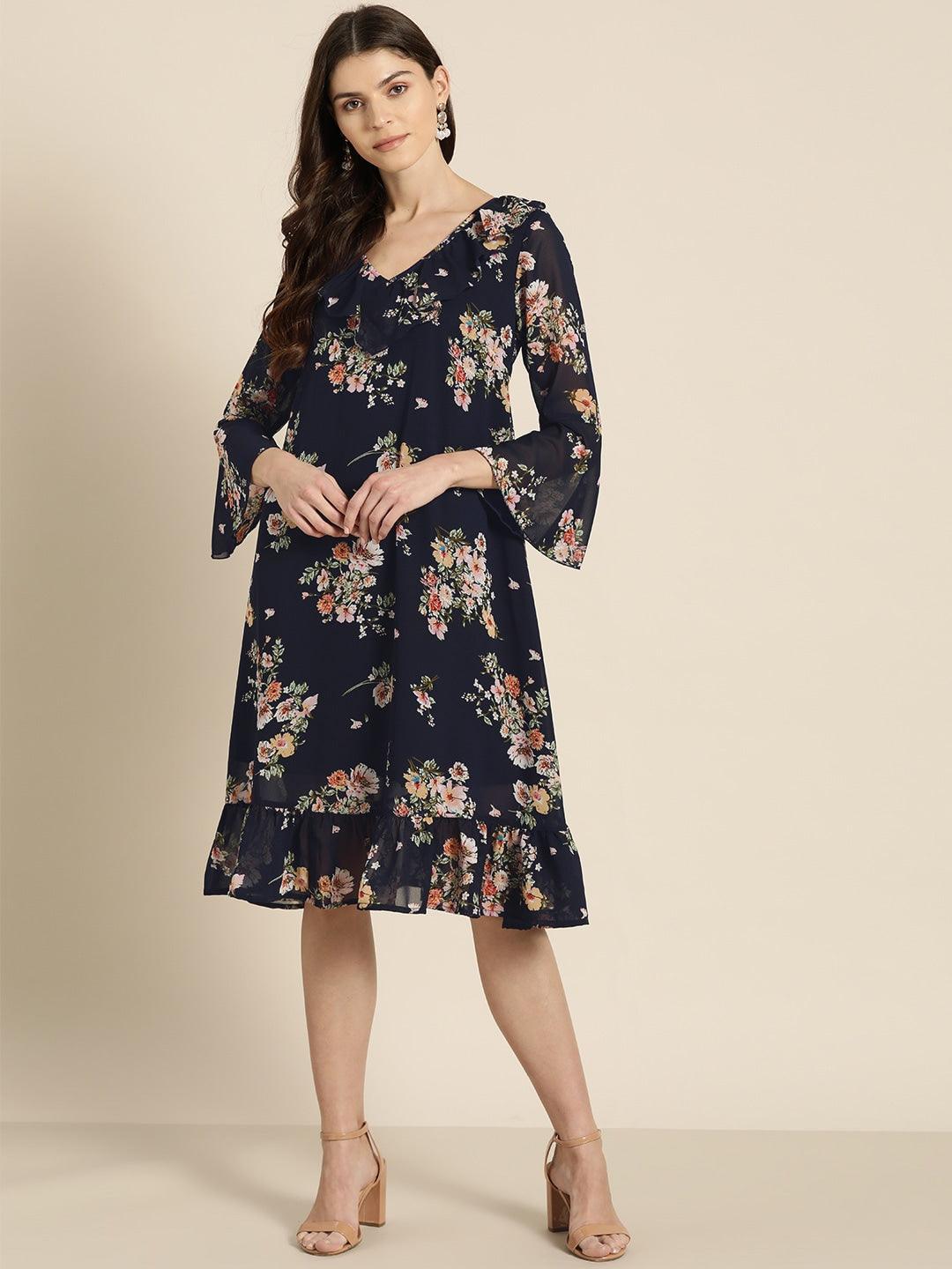 Qurvii Women Navy Blue  Pink Floral Printed A-Line Dress - Qurvii India