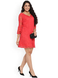 Qurvii Cherry Red Lace A-linee Dress - Qurvii India