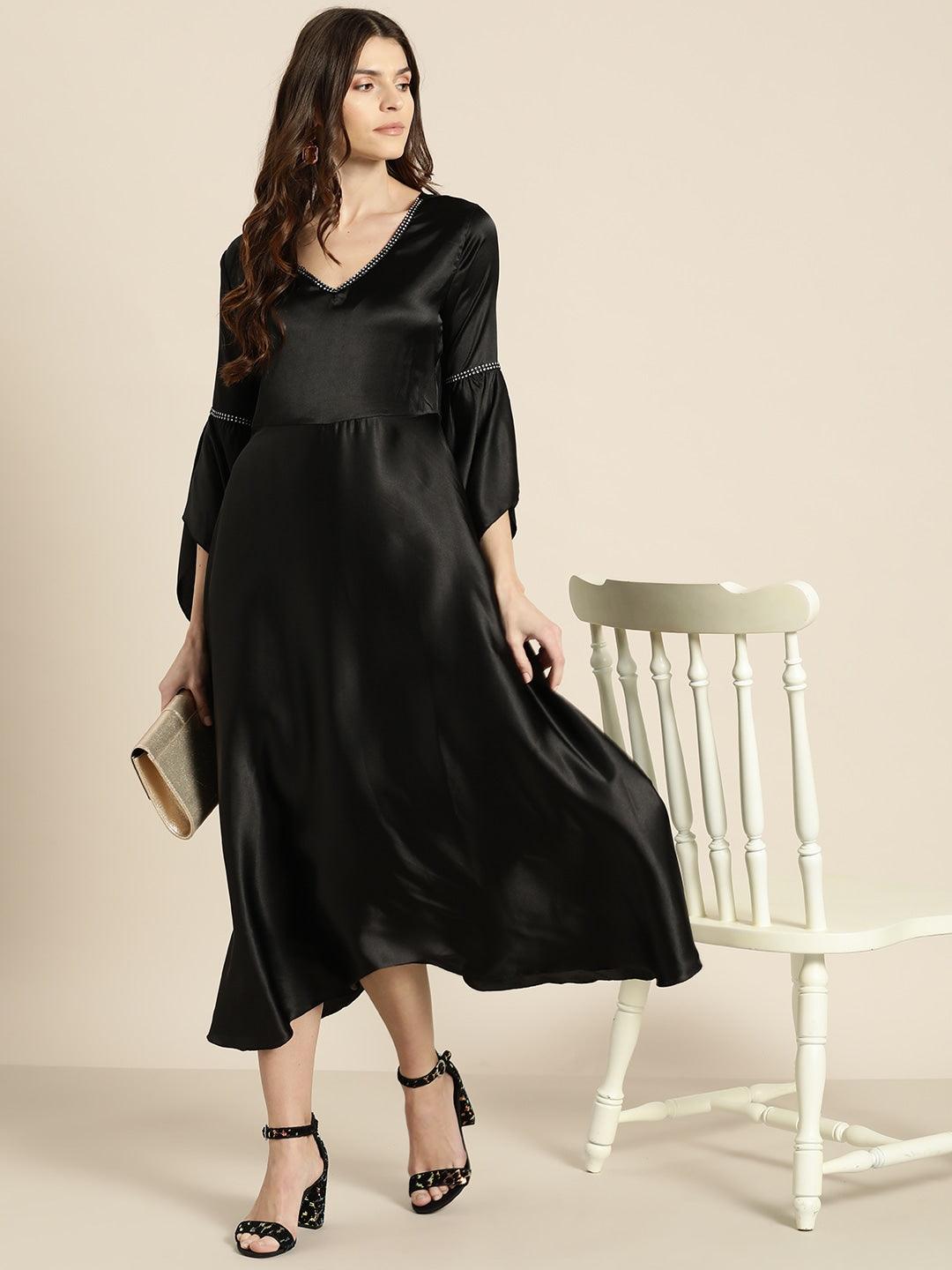 Solid Dark Black Regular Fit V Neck Three Quarter Satin Dress Solid Dark Black Regular Fit V Neck Three Quarter Satin Dress